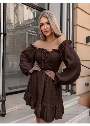Коричнева літнє плаття з відкритими плечима Fashion