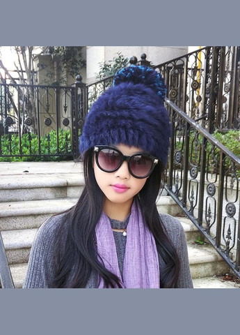 Женская шапка с кролиным мехом темно-синяя с большим помпоном One size No Brand (307496489)