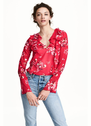 Красная блуза демисезон,красный в цветы, divided H&M
