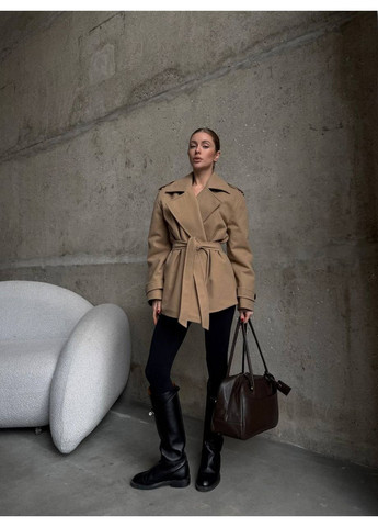 Бежевое демисезонное Утепленное кашемировое пальто на запах с отложным воротником и карманами — ЗАМЕР В ОПИСАНИИ GD/GL Модний простір