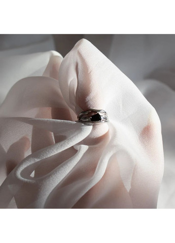 Багатошарове колечко в асиметричному дизайні срібляста з чорним камінцем унісекс широке футуристичний мінімалізм стиль y2k панк No Brand (370293014)