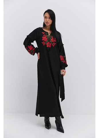 Чорна довге плаття-вишиванка бежеве з червоними маками хрестиком Arjen льон (297577579)