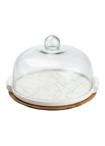 Порцелянова тортівниця зі скляною кришкою на бамбуковій підставці біла для тортів десертів та солодощів ProDobro (364191978)