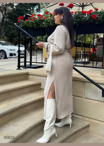 Молочное повседневный вязаное платье миди с поясом Liton