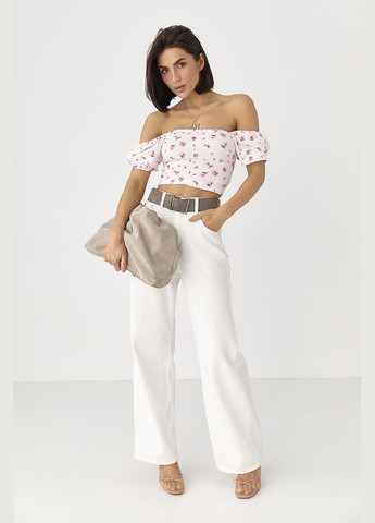 Біла блуза-топ у квіточку з рукавами-ліхтариками Lurex