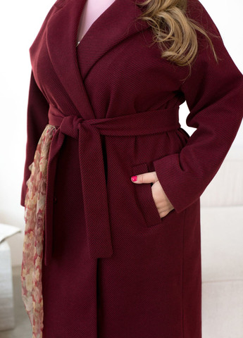 Бордовое демисезонное Классическое женское пальто с поясом из диагонального твида двубортное No Brand