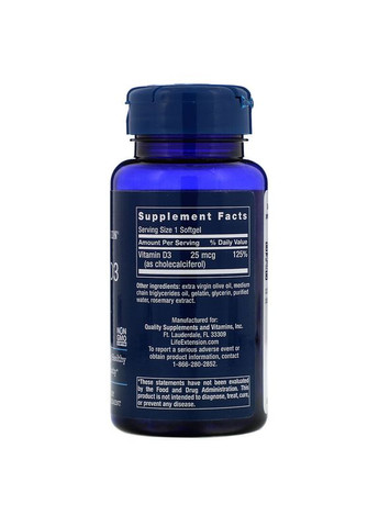 Вітамін Д-3 (холекальциферол) Vitamin D3 1000 МЕ 250 кап Life Extension (357342797)