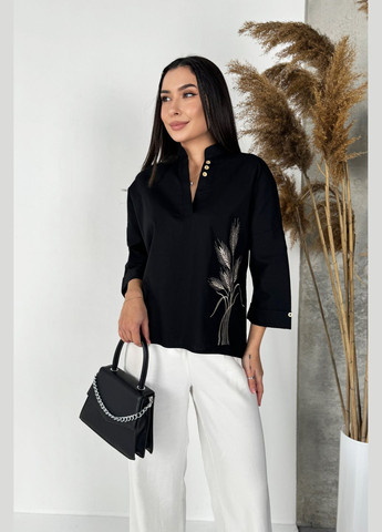 Чорна трендова вільна сорочка з дизайнерською вишивкою колоски INNOE візерунок українська символіка вільна льон (299760407)