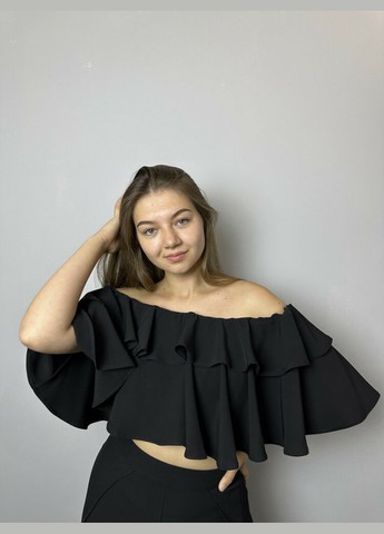 Чёрная топ женский с воланами черный mktrg3609-1 Modna KAZKA