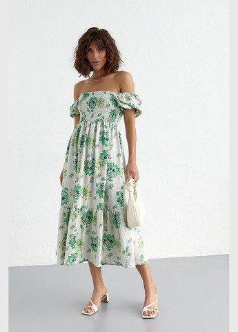 Зеленое повседневный летнее платье в цветочный узор с открытыми плечами 6336 Lurex с цветочным принтом