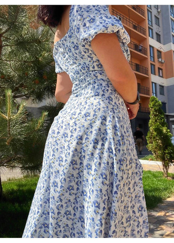 Голубое кэжуал платье женское летнее a-n 2669 цветочный принт разрез шнурок на груди длинное No Brand с цветочным принтом