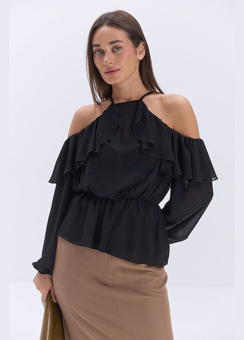Чорна шифонова блуза з відкритими плечима і воланом Arjen