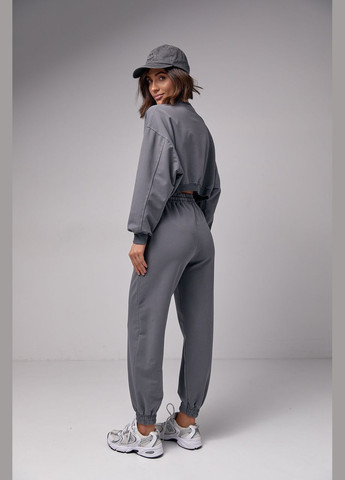 Женский спортивный костюм с укороченным свитшотом и джоггерами - темно-серый Lurex (282957661)