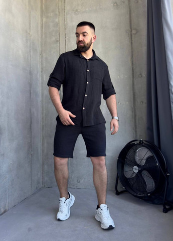 Черный летний мужской костюм-двойка: рубашка и шорты с шортами Tik-Tak