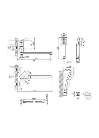 Смеситель для ванны квадратный длинный гусак KUB2-A123 WAL (336933121)