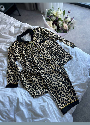Коричнева всесезон жіноча шовкова піжама леопард рубашка + брюки No Brand