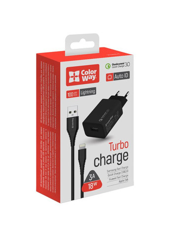 Сетевое зарядное устройство для 1USB Quick Charge 3.0 (18W) Black + кабель Lightning (CWCHS013QCL-BK) Colorway (316696722)