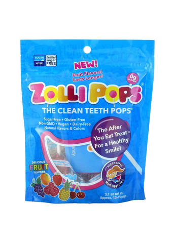 Леденцы для чистки зубов The Clean Teeth Pops на палочке со вкусом фруктов 13–15 шт Zollipops (286784218)