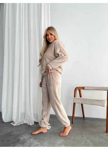 Бежева всесезон піжама жіноча махрова зі штанами та кофтою кофта + брюки No Brand