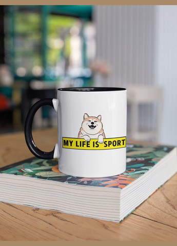 Чашка керамічна з принтом "My Life is Sport" 330 мл, біла з чорною ручкою No Brand (324264261)