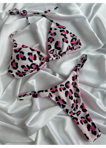 Комбинированный летний женский купальник бикини леопардовый бело-розовый / женский купальник лео треугольный топ / женский бикини купальник No Brand