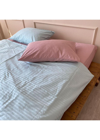 Постельное белье с резинкой Пудра + лазурная страйп сатин PREMIUM Двуспальный размер, наволочки 70/70 No Brand (364218964)