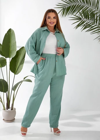 Женский льняной костюм рубашка и брюки No Brand (328604744)