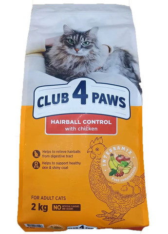 Сухой корм для выведения шерсти для взрослых кошек 2 кг CLUB 4 PAWS Клуб 4 Лапы (278308973)