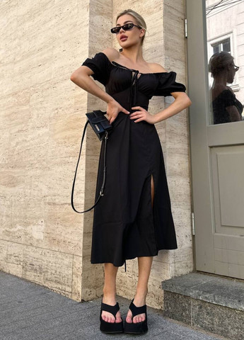 Чорна повсякденний вишукана легка літня міді сукня з короткими рукавами ліхтарик та шнурівкою на спині Allthings з квітковим принтом