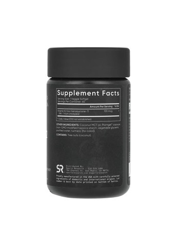 Вітамін K2 100мкг 60 вегетаріанських капсул для здоров'я кісток підтримка кальцію в кістці Sport Research (368977140)