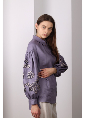 Фиолетовая женская вышитая блуза на пуговицы георгин фиолетовый MOTYV узор цветочный лен (365578996)