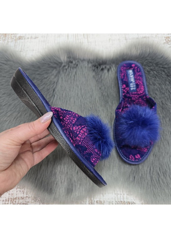 Синие тапочки женские комнатные синие с открытым носком и меховым помпоном Белста