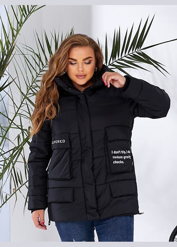 Чорна жіноча куртка єврозима коротка з капюшоном великі розміри No Brand