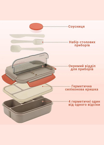 Ланч набір 5в1 Ланч-бокс на 4 герметичних секції 1300мл, Супниця 320мл, сумка Ланч-бег - помаранчевий No Brand (294206302)