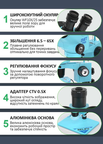 Мікроскоп тринокулярний RL-M6T Pro-B11 / 6.5X-65X / CTV 0,5X / підсвітка / Синій Relife (307065313)