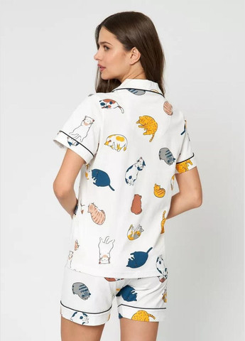 Белая всесезон женская пижама тройка домашний комплект 3 в 1 с принтом котиков стильный комфортный набор рубашка + шорты + брюки рубашка + шорты + брюки Cindylove