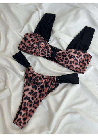 Комбинированный летний женский купальник леопардовый с черными бретелями / женский купальник розовый лео с высокими трусиками No Brand