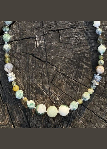 Комплект Чокер+Браслет натуральный Моховый Агат, Пренит, Опал дендрит фур-ра гип-ный сплав цвет серебро No Brand Чокер + браслет (316091292)