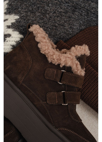 Зимние женские зимние замшевые ботинки тёмно-коричневого цвета с мехом на высокой подошве и двумя липучками (отшив 3 дня) Paradize из натуральной замши