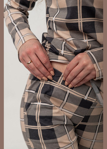 Комбінована всесезон жіноча піжама бежевого кольору у клітинку кофта + брюки V.O.G.