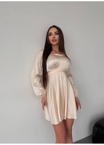 Бежевое шелковое платье мини бежевого цвета 36049 клеш No Brand однотонное