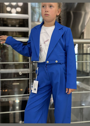 Синій демісезонний костюм для дівчинки y21121-y21123 короткий жакет + штани-палаццо синій (італія) брючний Y-Clu