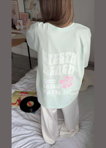 Женская качественная нежная хлопковая футболка оверсайз с надписью siesta beach one size мятный хлопок Україна - (339402890)