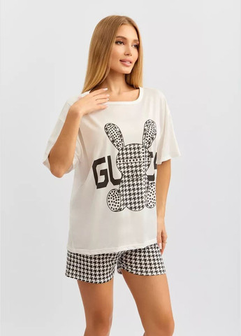 Белая пижама женская тройка ночная с штанами шортами и рубашка пижамы женские с брюками для девушек 3 в 1 с принтом футболка + шорты + брюки No Brand