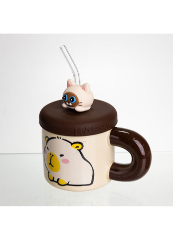 Чашка фарфоровая Капибара отдыхает 400 мл с крышкой и трубочкой FM-27A No Brand (368641507)