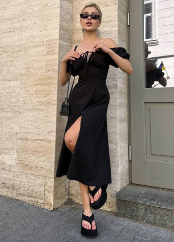 Чорна повсякденний вишукана легка літня міді сукня з короткими рукавами ліхтарик та шнурівкою на спині Allthings з квітковим принтом