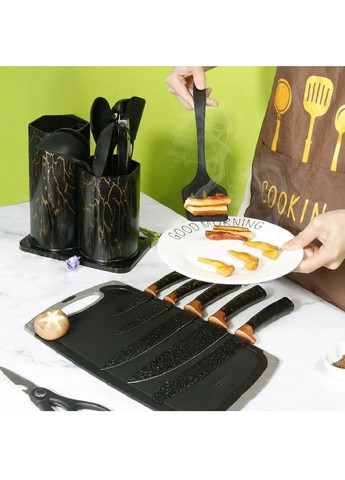 Настольный набор кухонных принадлежностей ножей с подставкой разделочной доской 19 предметов (480875-Prob) Черный Unbranded (346389810)