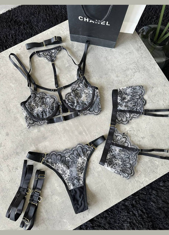 Чорний демісезонний витончений напівпрозорий мереживний комплект No Brand