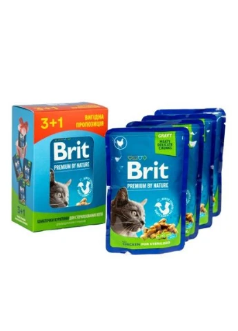 Набір паучів "3+1" для стерилізованих котів Cat pouch Chicken Slices for Sterilised з куркою, 4х100г Brit Premium (339703202)