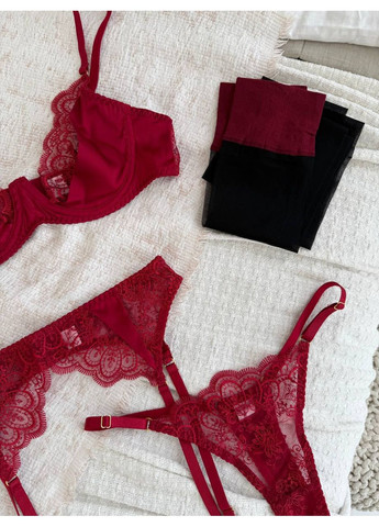 Красный комплект женского белья | нежный кружевной, красное соблазнение Vital-Textile с косточками полиэстер, эластан